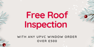 Holiday-themed advertisement offering a free roof inspection with a UPVC window order over £500.