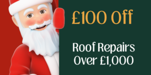 Santa figure with an ad for £100 off roof repairs over £1,000, holiday decor in background.