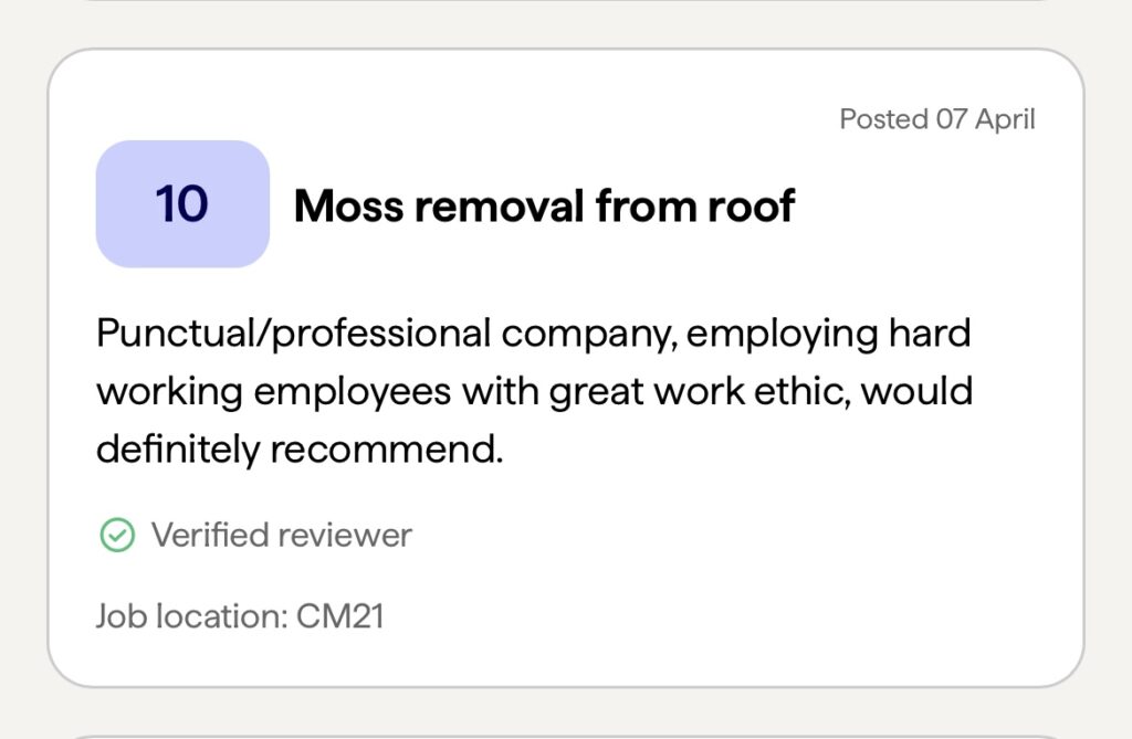 A review praising a moss removal company for their punctuality, professionalism, and hardworking employees. Job location: CM21.