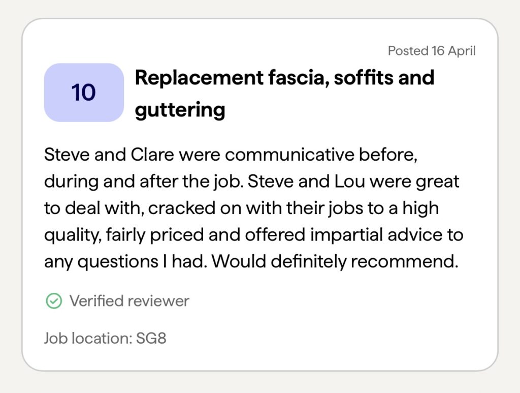 Review highlighting excellent communication and high-quality service for fascia, soffits, and guttering installation by Steve and Clare.