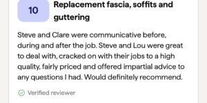 Review highlighting excellent communication and high-quality service for fascia, soffits, and guttering installation by Steve and Clare.