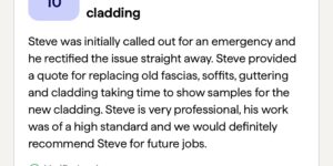 Review highlighting a professional's quality work on fascias, soffits, guttering, and cladding, recommending Steve for future projects.