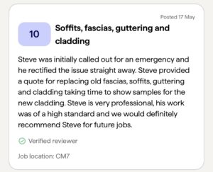 Review highlighting a professional's quality work on fascias, soffits, guttering, and cladding, recommending Steve for future projects.