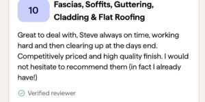 Review highlighting a positive experience with Steve's roofing services, emphasizing timeliness, quality, and competitive pricing.