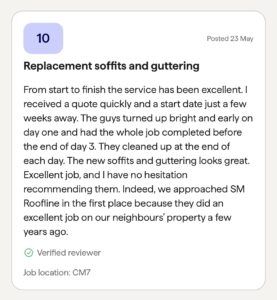 5-star Checkatrade review for SM Roofline following soffit and guttering replacement in Braintree, CM7