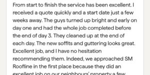 5-star Checkatrade review for SM Roofline following soffit and guttering replacement in Braintree, CM7