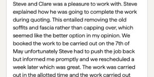Customer review for SM Roofline in Harlow praising roofline replacement and ridge tile repointing, with mention of clear communication and quality work.