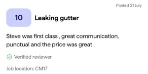 Customer review on Checkatrade for SM Roofline gutter repair in CM17, praising Steve for great communication, punctuality, and fair pricing