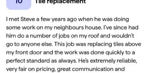 Customer review of SM Roofline after a tile replacement above a front door in Harlow. Praises reliable service, fair pricing, and great results.