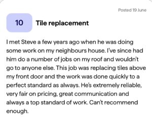 Customer review of SM Roofline after a tile replacement above a front door in Harlow. Praises reliable service, fair pricing, and great results.