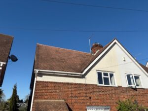 Front of Old Harlow property showing freshly cleaned roof and ridge line.