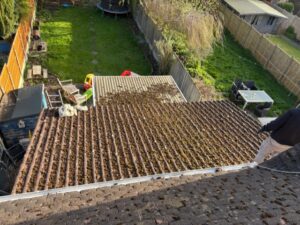 Moss covering lower level roof at the back of the property in Old Harlow before cleaning.