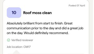 Screenshot of 10/10 Checkatrade review for SM Roofline roof clean in Old Harlow.