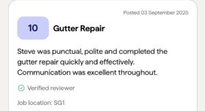 Customer review for gutter repair completed by SM Roofline in Stevenage