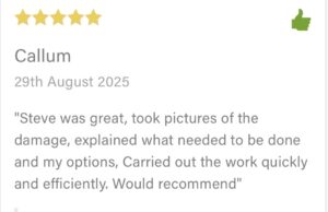 Five star customer review for roof repairs completed by SM Roofline in Braintree in August 2025