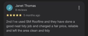 5 star Google review for SM Roofline mentioning tidy work and fair pricing