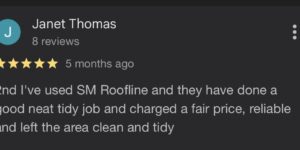 5 star Google review for SM Roofline mentioning tidy work and fair pricing