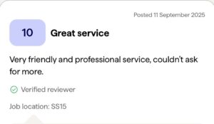Customer review for SM Roofline showing a verified 10 out of 10 rating for work completed in Basildon.
