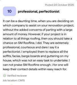 10 out of 10 review for roofline work in Brentwood CM15