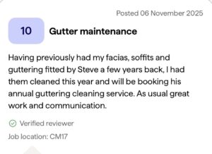 Checkatrade customer review for gutter maintenance work completed by SM Roofline in Harlow