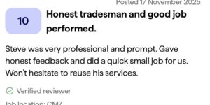 10 out of 10 Checkatrade review from an SM Roofline customer in Braintree