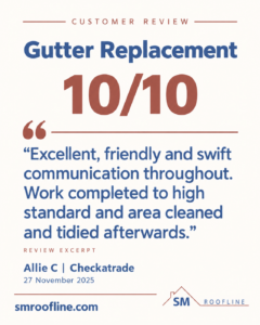 Allie C’s 10 out of 10 Checkatrade review praising communication, workmanship and tidiness after gutter replacement